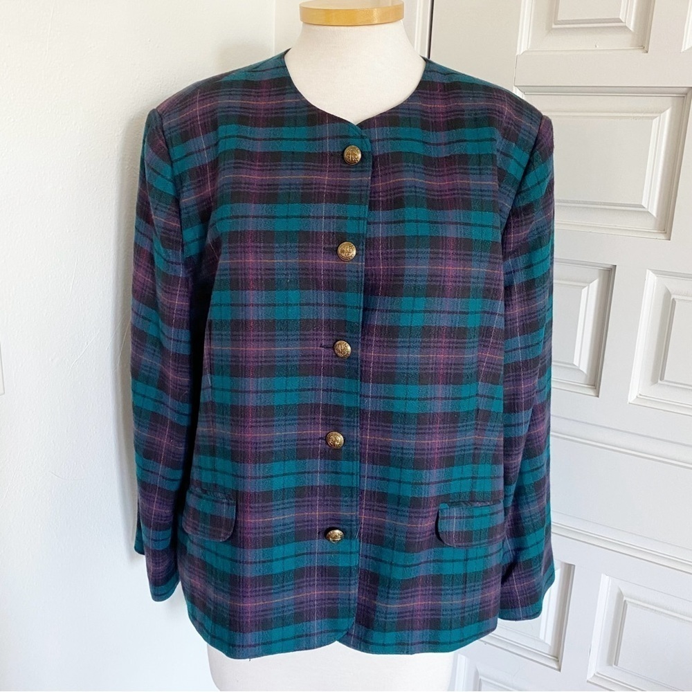 Alfred Dunner Vintage 90s Green Purple Plaid Wool Blend Blazer Holidays Size 42